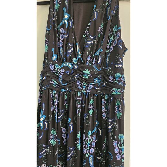 Evan Picone Halter Dress Black Multicolor Floral Midi Stretch Crossover V-Neck - Picture 3 of 6